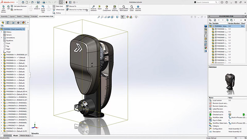 Screenshot showing SOLIDWORKS UI with CAD model and data